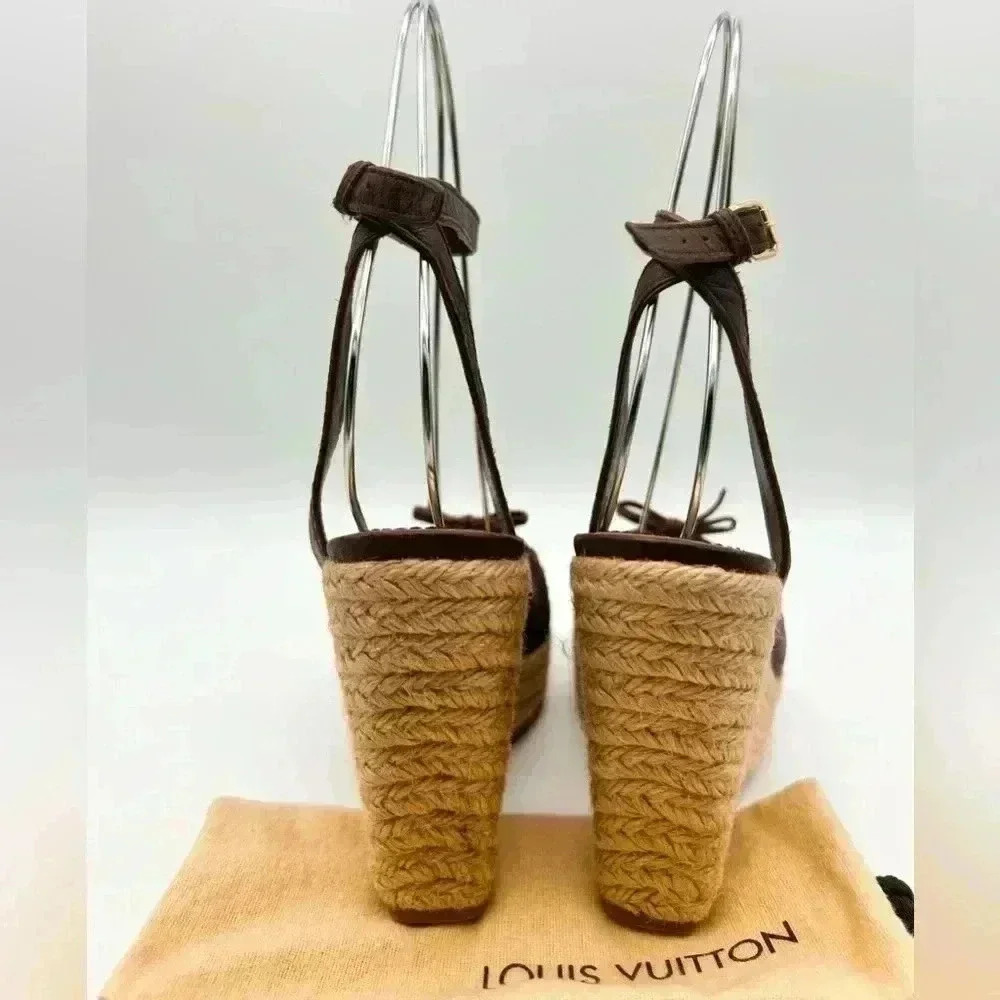 Louis Vuitton Manyara Women’s Size 36 Brown Leather Wedge Espadrille Sandals - Picture 8 of 15